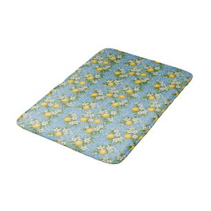 Lemon Watercolor Blue Mediterranean Tile Pattern Bath Mat