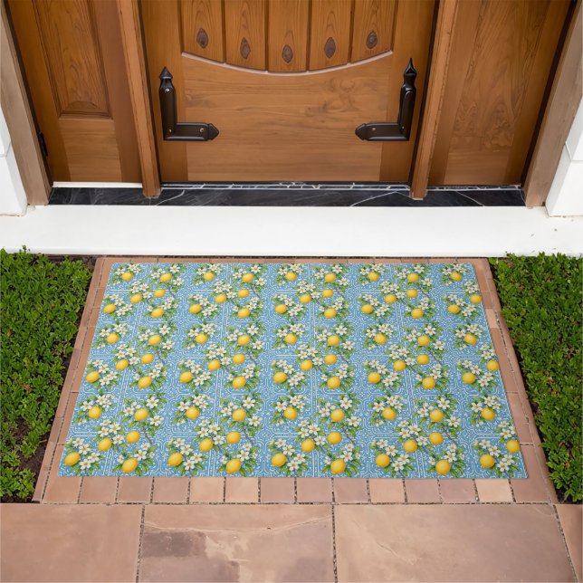Lemon Watercolor Blue Mediterranean Tile Pattern Doormat (Outdoor)