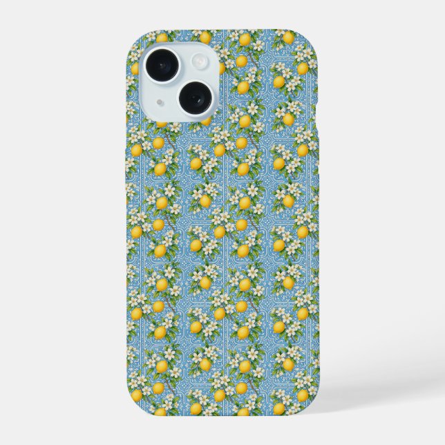 Lemon Watercolor Blue Mediterranean Tile Pattern Iphone Case (Back)