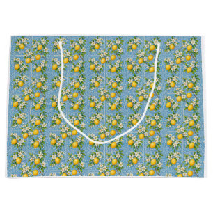 Lemon Watercolor Blue Mediterranean Tile Pattern Large Gift Bag