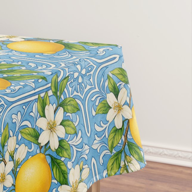Lemon Watercolor Blue Mediterranean Tile Pattern Tablecloth (In Situ)