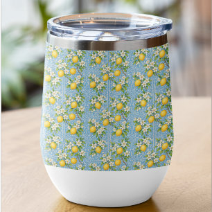 Lemon Watercolor Blue Mediterranean Tile Pattern Thermal Wine Tumbler