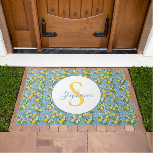 Lemon Watercolor Blue Tile Pattern Custom Doormat
