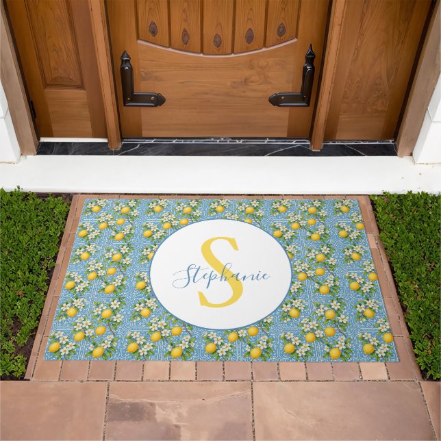 Lemon Watercolor Blue Tile Pattern Custom Doormat (Outdoor)