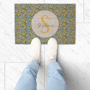 Lemon Watercolor Blue Tile Pattern Custom Fiber Doormat