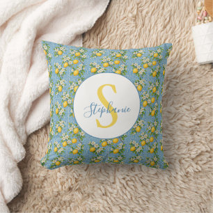 Lemon Watercolor Blue Tile Pattern Custom Throw Pillow