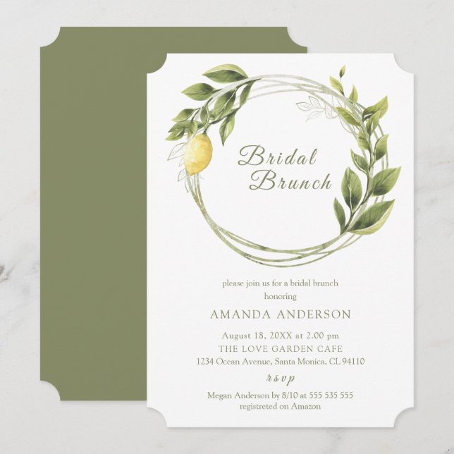 Lemon Watercolor Bridal Brunch invitation (Front/Back)
