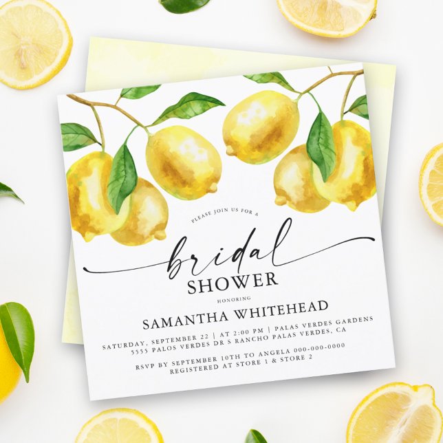 Lemon Watercolor Bridal Shower Invitation (This playful and elegant bridal shower invitation features bright and cheerful lemon design.)