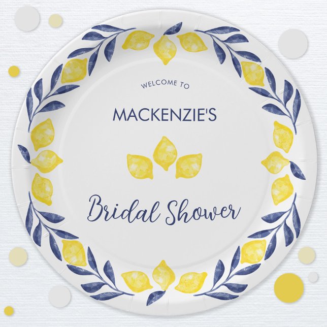 Lemon Watercolor Bridal Shower Personalized Paper Plates (Blue, yellow and white watercolor lemon personalized bridal shower paper plates)