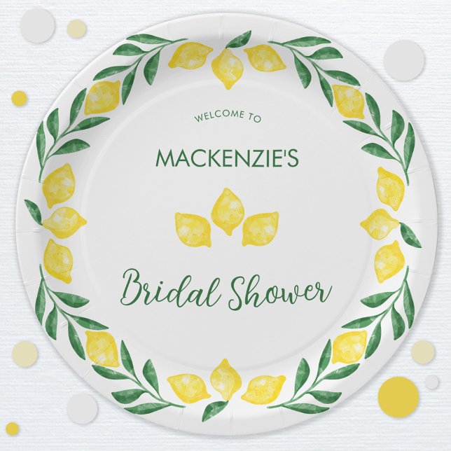 Lemon Watercolor Bridal Shower Personalized Paper Plates (Green, yellow and white watercolor lemon personalized bridal shower celebration paper plates)