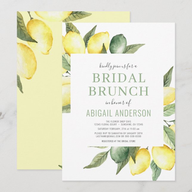 Lemon Watercolor Citrus Modern Bridal Brunch Invitation (Front/Back)