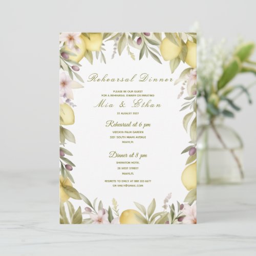 Lemon watercolor citrus rehearsal dinner invite