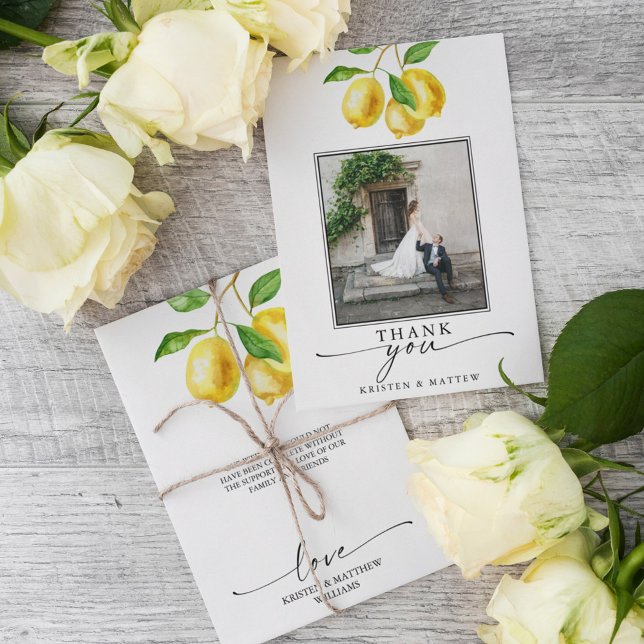 Lemon Watercolor Citrus Wedding Photo Thank You Card (Show your gratitude in style with our lemon-themed wedding thank you cards.)