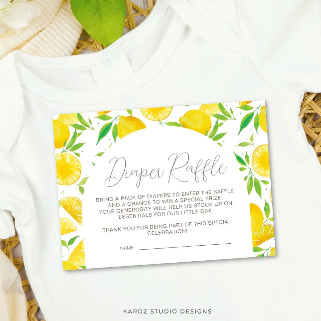 Lemon Watercolor Diaper Raffle Baby Shower Card (Diaper Raffle flat card shown in 3.5 x 2.5 inches. Edit template in the edit this design button.)