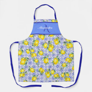 Lemon Watercolor French Country Tile Monogram Name Apron