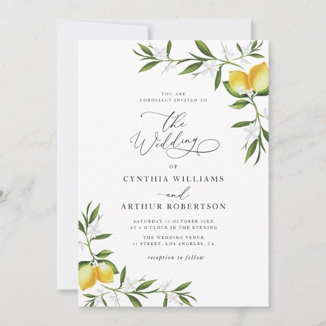 lemon watercolor greenery floral wedding invitation (Front)