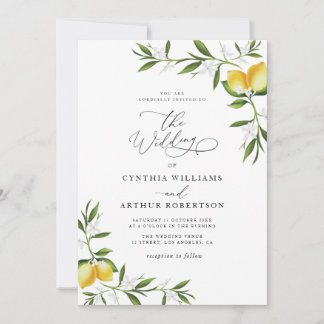 lemon watercolor greenery floral wedding invitation