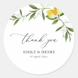 lemon watercolor greenery floral wedding thank you classic round sticker