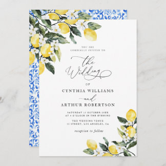 lemon watercolor mediterranean blue wedding invitation