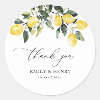 lemon watercolor mediterrenean wedding thank you classic round sticker