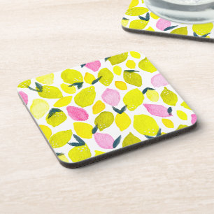 Lemon watercolor pattern beverage coaster