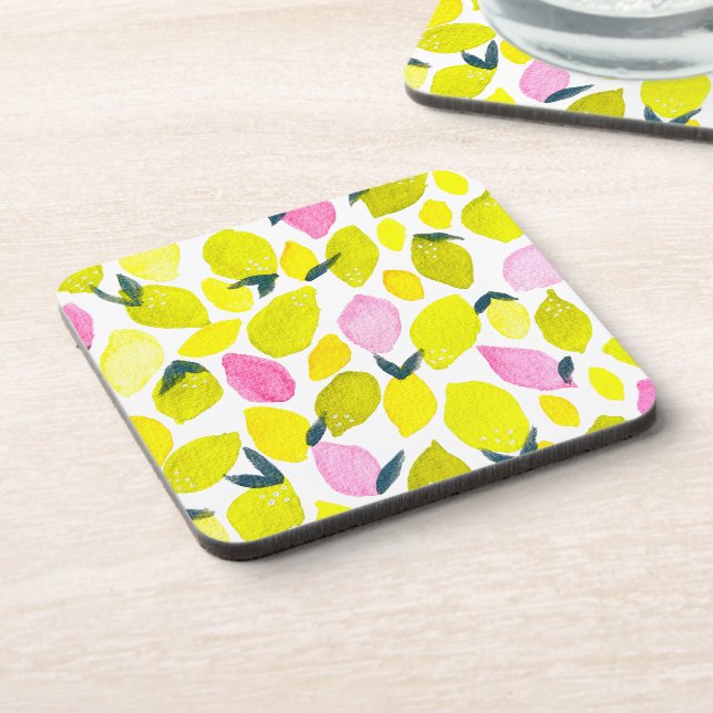 Lemon watercolor pattern beverage coaster (Left Side)