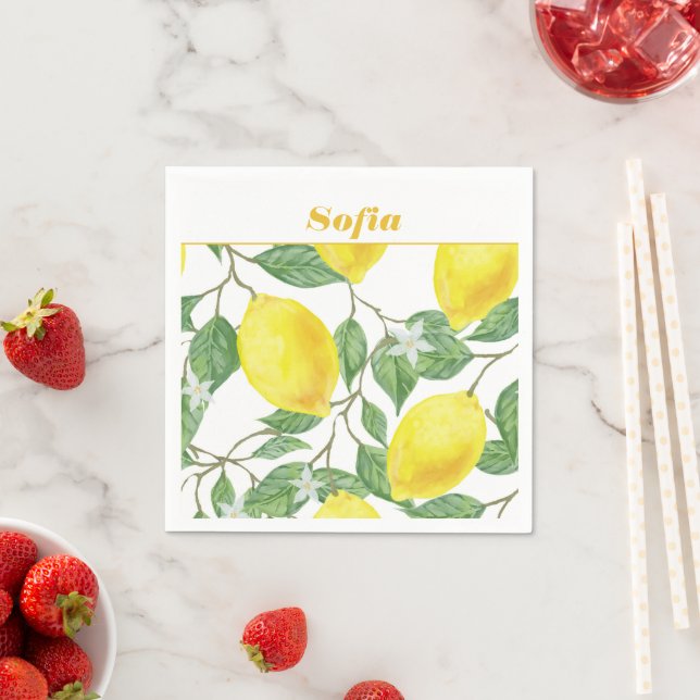 Lemon watercolor pattern custom yellow white napkins (Insitu)