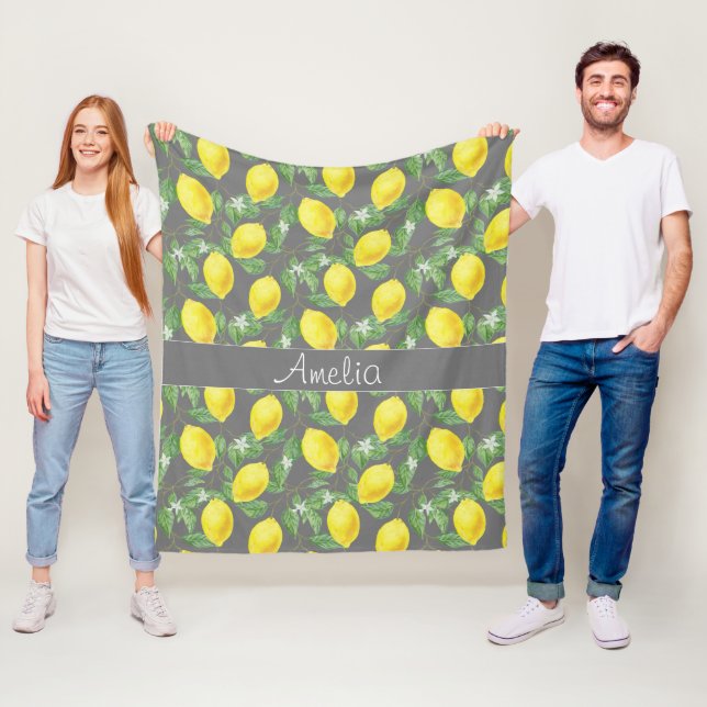 Lemon watercolor pattern cute girl grey fleece blanket (In Situ)