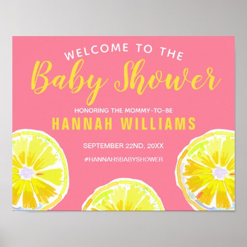 Lemon Watercolor Pink Baby Shower Welcome Poster