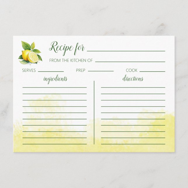 Lemon Watercolor Recipe Flat Card (Front)