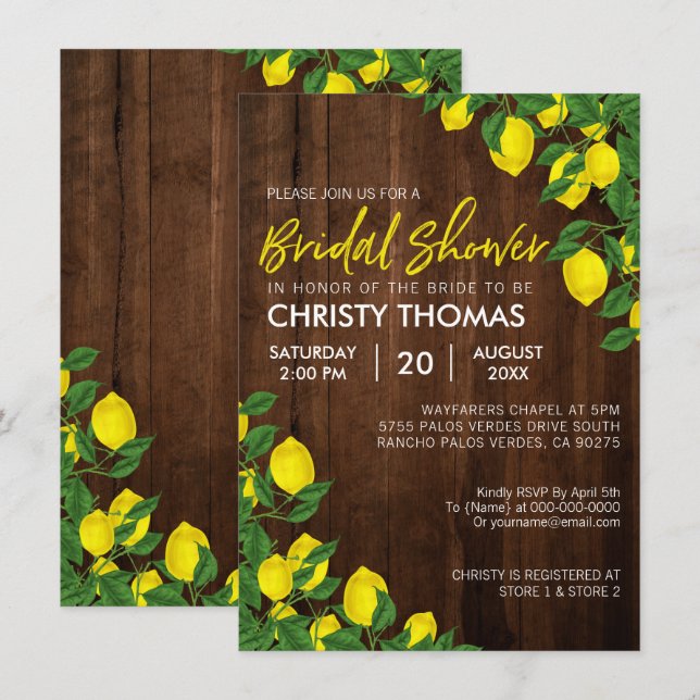 Lemon Watercolor Rustic Wood Bridal Shower Invitation (Front/Back)