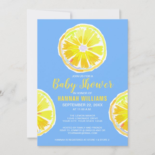 Lemon Watercolor Slices Blue Baby Shower Invitation (Front)