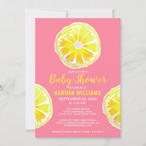 Lemon Watercolor Slices Pink Baby Shower Invitation