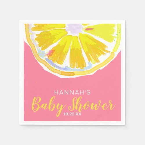 Lemon Watercolor Slices Pink Baby Shower Napkins