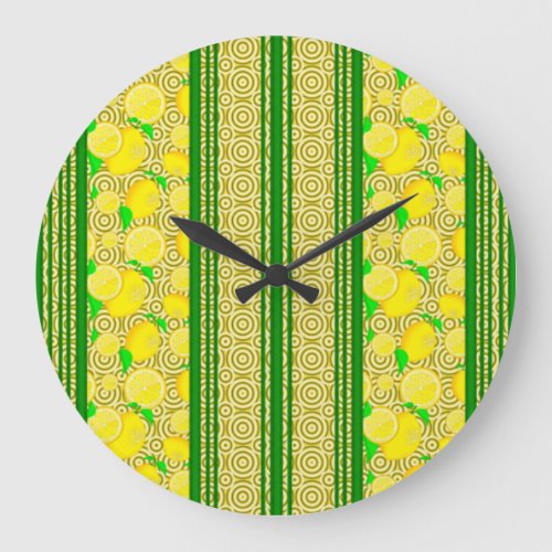 Lemon Watercolor Stripes and Circles Large Clock