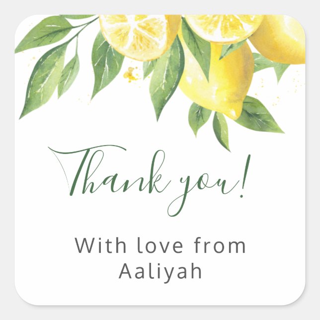 Lemon Watercolor Thank You Square Sticker (Front)