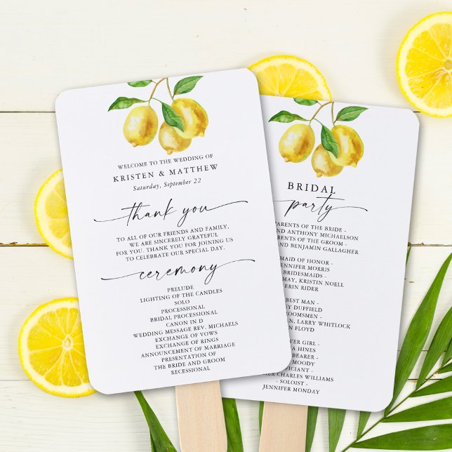 Lemon Watercolor Wedding Program Hand Fan (Squeeze the day! Cool off with this lemon-themed wedding program fan.)