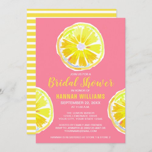 Lemon Watercolor with Pink Bridal Shower Invitation
