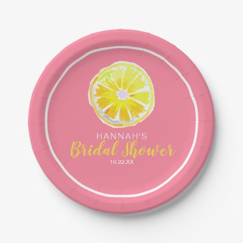 Lemon Watercolor with Pink Bridal Shower Paper Plates