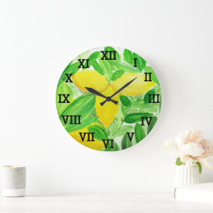 Lemon Watercolor Yellow Fruit Summer Citrus Large Clock