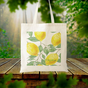 Lemon watercolored pattern white name tote bag