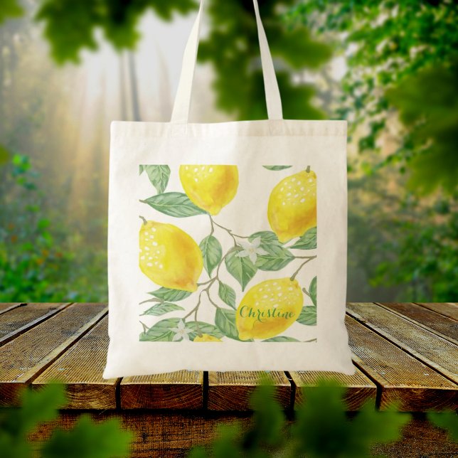 Lemon watercolored pattern white name tote bag (Creator Uploaded)