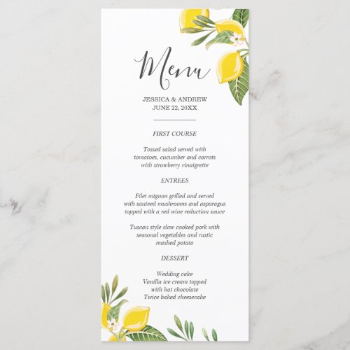 Lemon Wedding Menu Foliage Elegant Citrus Rustic