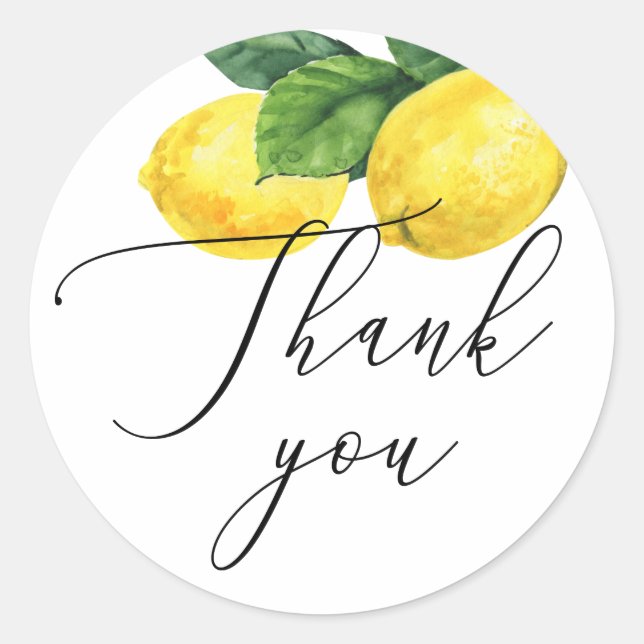 Lemon Wedding Script Thank You | Rustic Citrus Classic Round Sticker (Front)