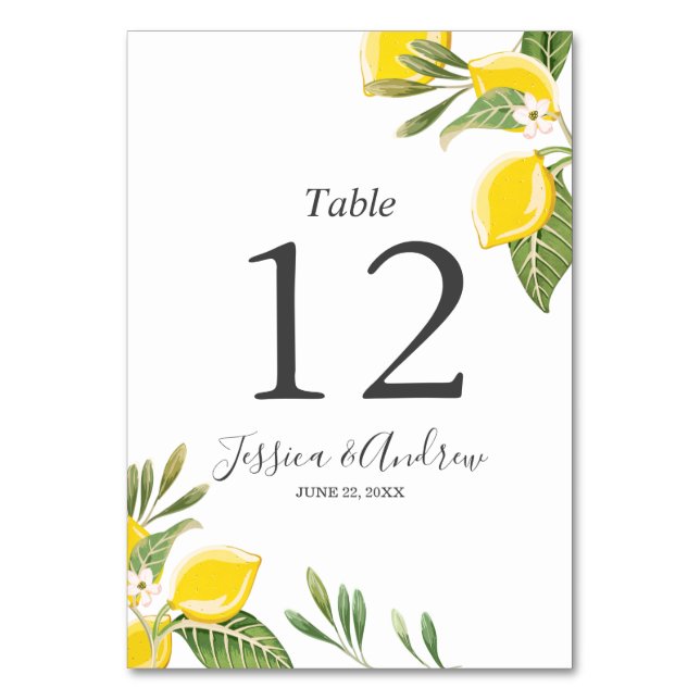 Lemon Wedding Table Number Card Rustic Green (Front)