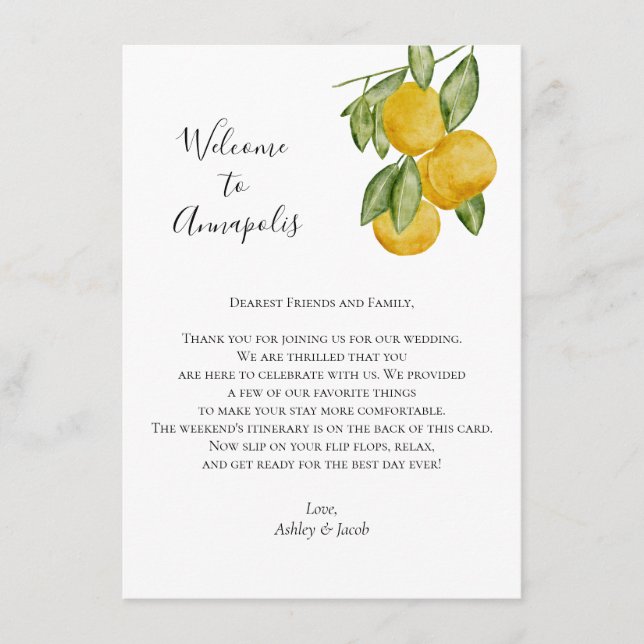 Lemon Wedding Welcome Letter, Wedding Itinerary Enclosure Card (Front)