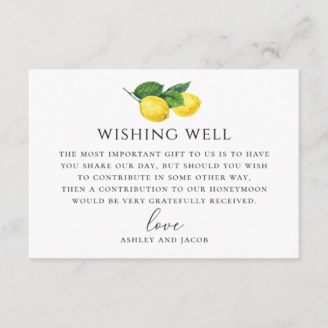 Lemon Wedding Wishing Well | Rustic Honeymoon Enclosure Card (Front)