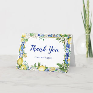 Lemon White Floral Blue Mosaic Tile Folded Letterpress Thank You Card