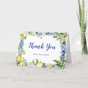 Lemon White Floral Blue Mosaic Tile Folded Thank You Card
