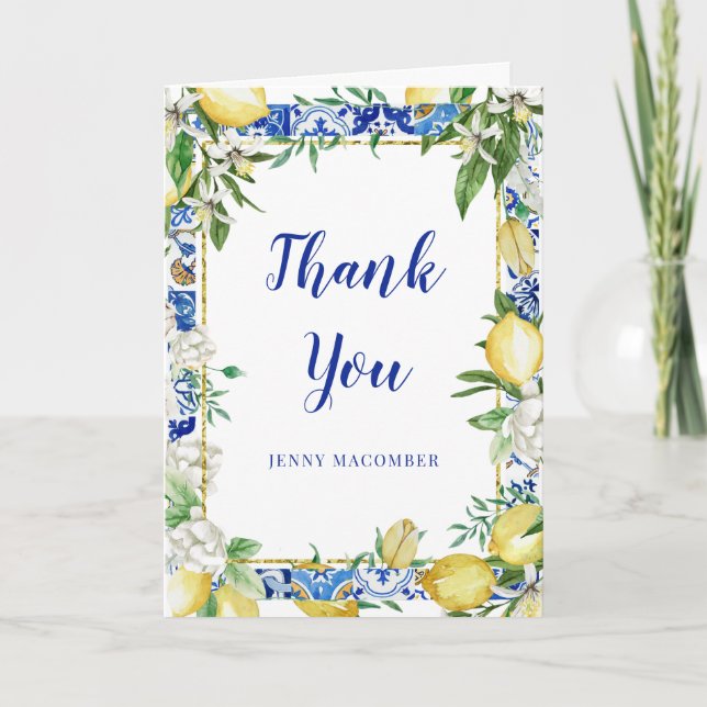 Lemon White Floral Blue Mosaic Tile Photo Folded Thank You Card (Front)
